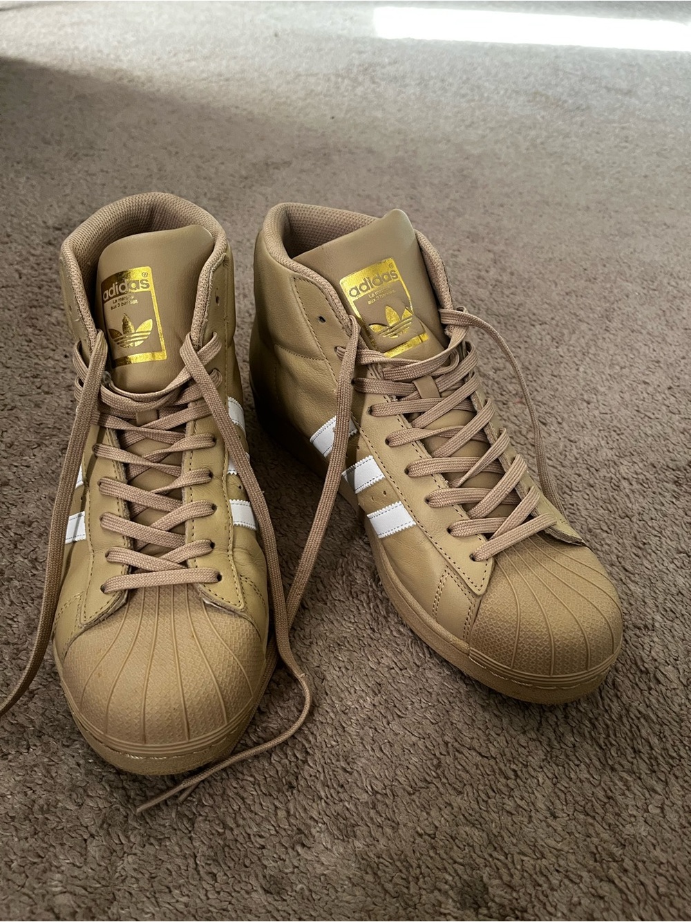 Adidas Men’s High-Top Sneakers in Tan with White Stripes and Gold Accents